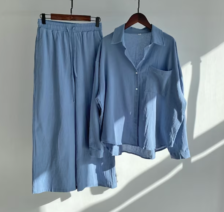 Linnen tweedelige set - Lichtgewicht - Wijde pijpen - Linnen co-örd - Zomerkleding voor dames-Boetiek Moda