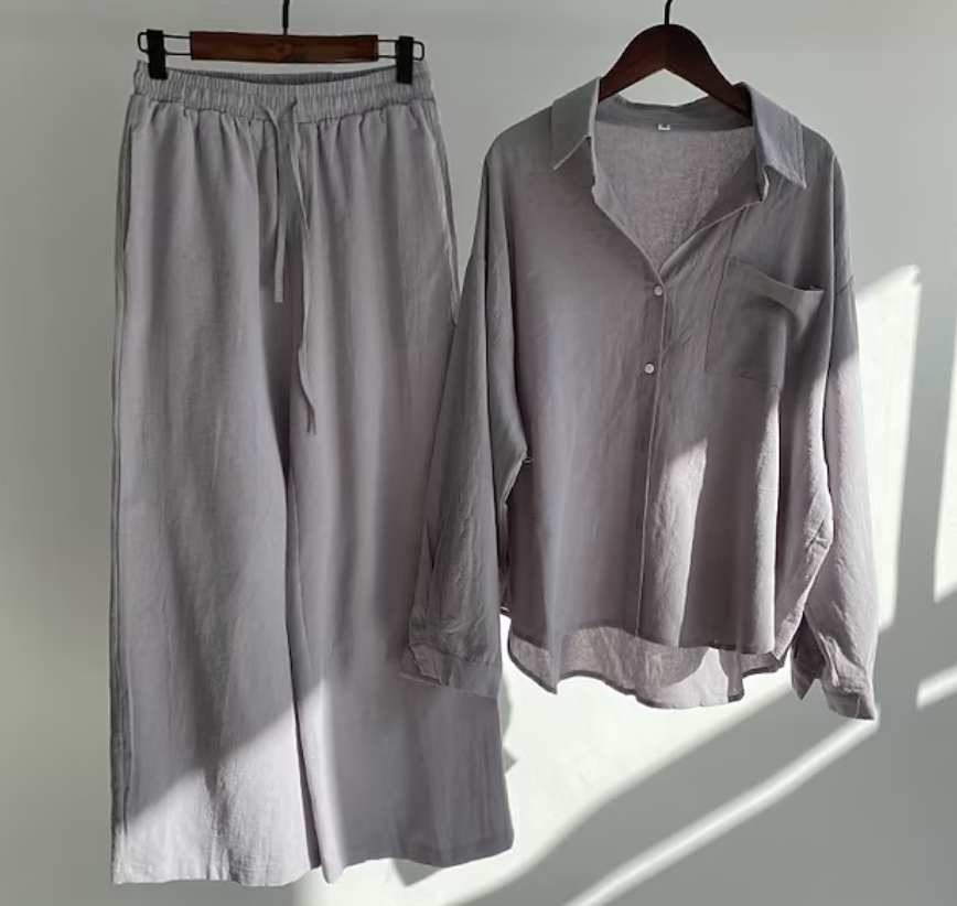 Linnen tweedelige set - Lichtgewicht - Wijde pijpen - Linnen co-örd - Zomerkleding voor dames-Boetiek Moda