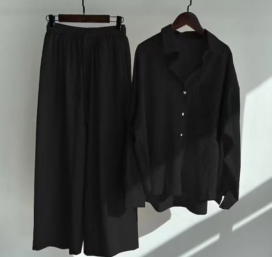 Linnen tweedelige set - Lichtgewicht - Wijde pijpen - Linnen co-örd - Zomerkleding voor dames-Boetiek Moda