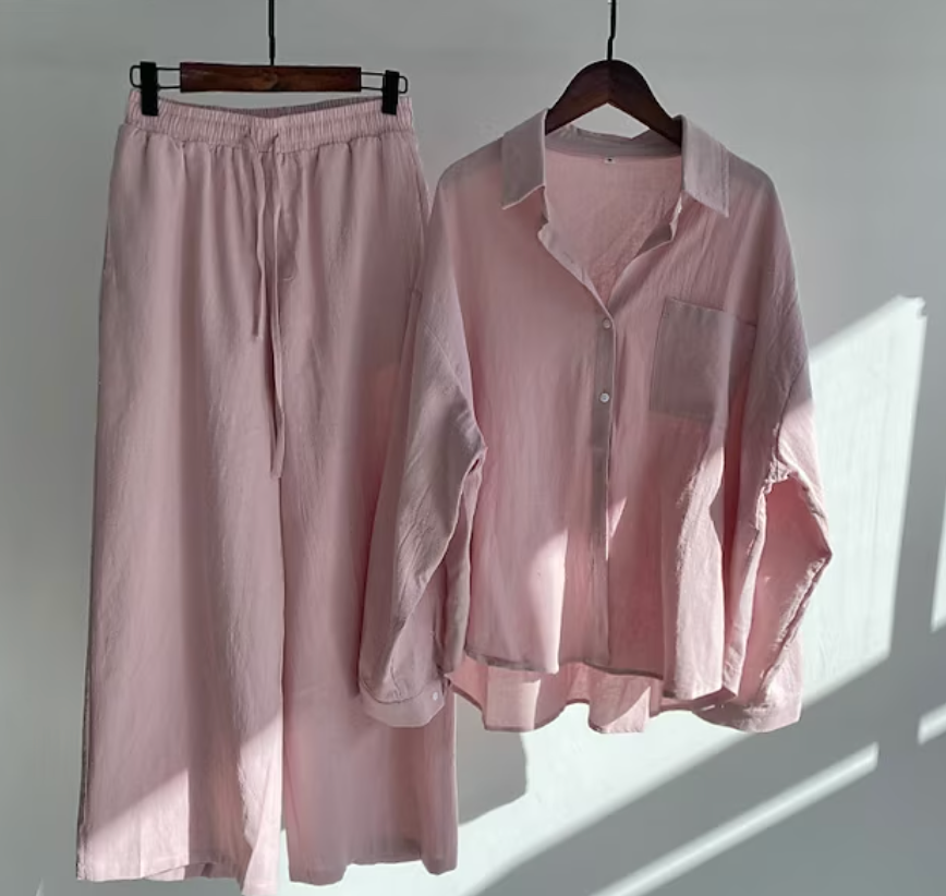 Linnen tweedelige set - Lichtgewicht - Wijde pijpen - Linnen co-örd - Zomerkleding voor dames-Boetiek Moda