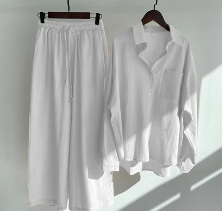 Linnen tweedelige set - Lichtgewicht - Wijde pijpen - Linnen co-örd - Zomerkleding voor dames-Boetiek Moda