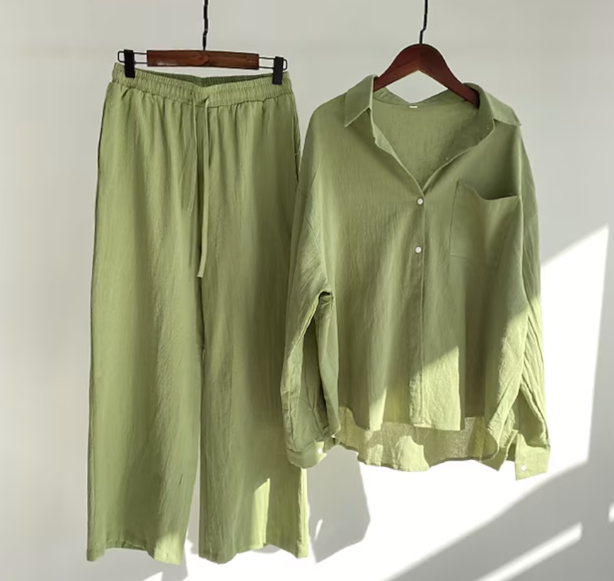Linnen tweedelige set - Lichtgewicht - Wijde pijpen - Linnen co-örd - Zomerkleding voor dames-Boetiek Moda