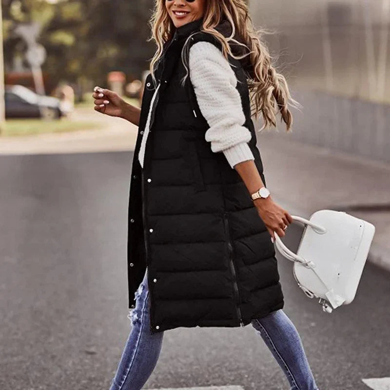 Longline Gilet | Mouwloos | Capuchon | Puffer Vest | Damesvest-Boetiek Moda