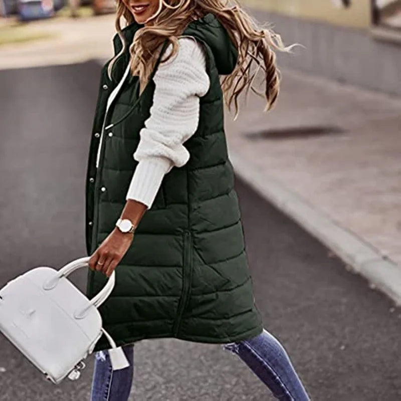Longline Gilet | Mouwloos | Capuchon | Puffer Vest | Damesvest-Boetiek Moda