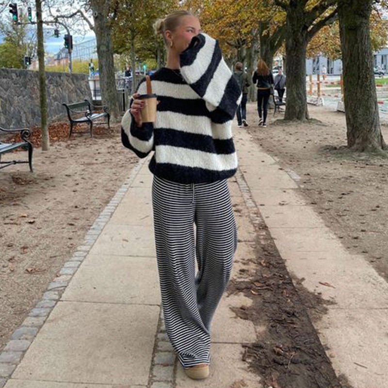 Loungebroek | Gestreept | Los model | Broek met wijde pijpen | Damesbroek-Boetiek Moda