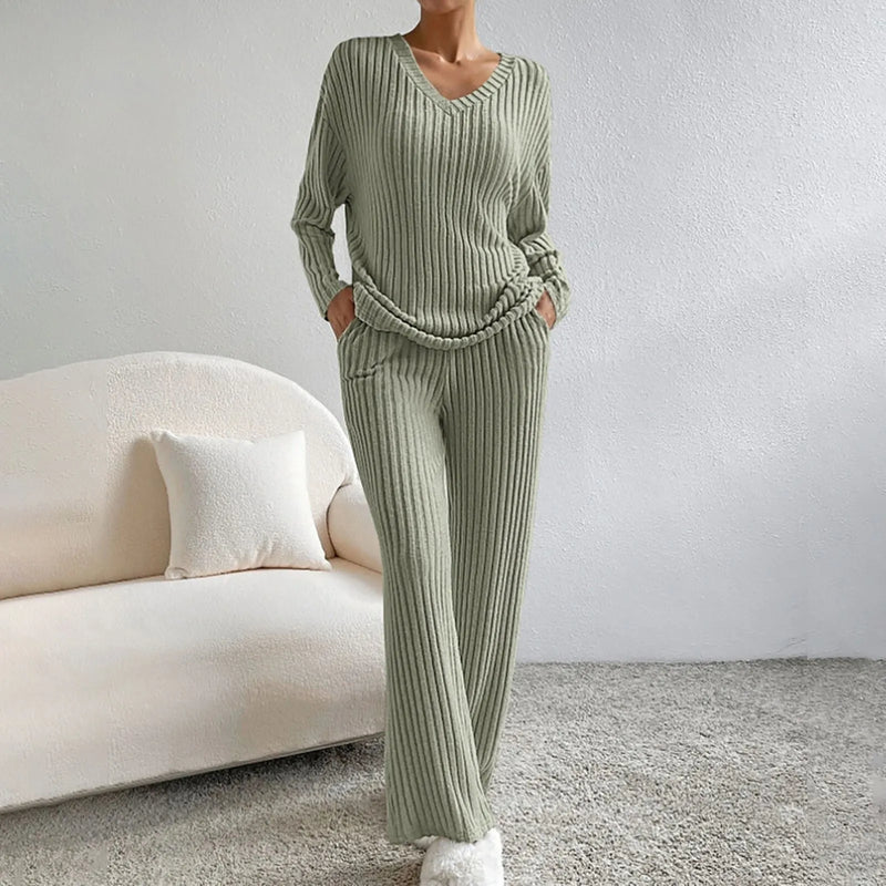 Loungeset - Lange Mouwen - Wijde Pijpen - Geribde Tweedelige Set - Dames Loungewear-Boetiek Moda