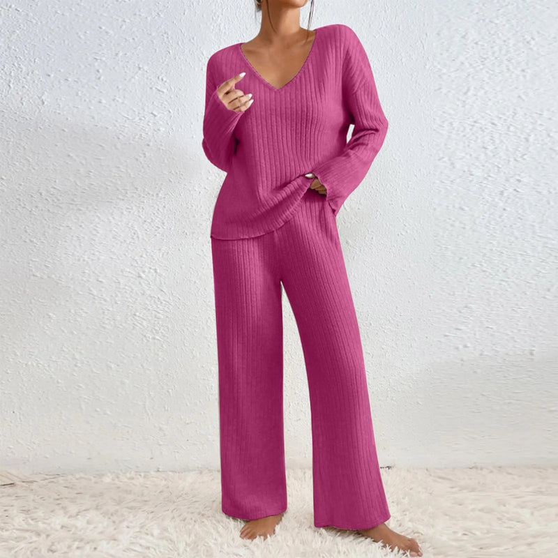Loungeset - Lange Mouwen - Wijde Pijpen - Geribde Tweedelige Set - Dames Loungewear-Boetiek Moda