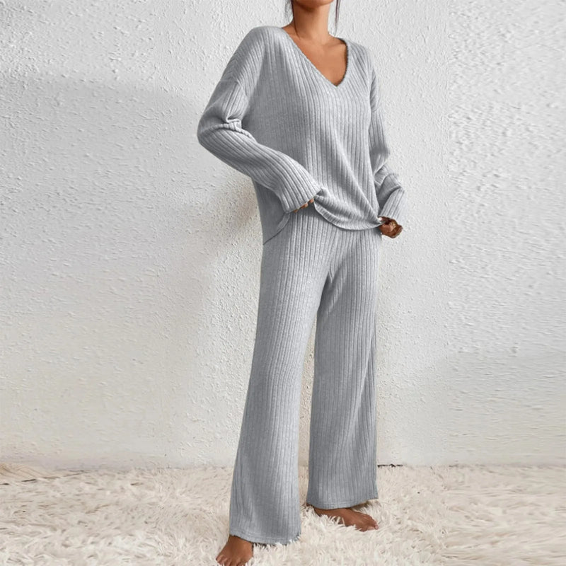 Loungeset - Lange Mouwen - Wijde Pijpen - Geribde Tweedelige Set - Dames Loungewear-Boetiek Moda
