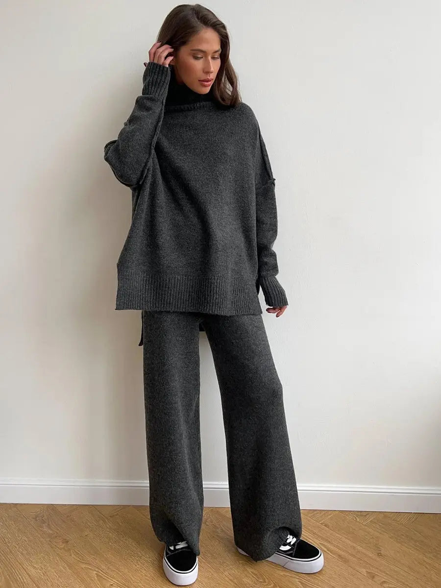 Loungeset | Wijde broeken | Oversized trui | Gebreide set | Loungewear voor dames-Boetiek Moda