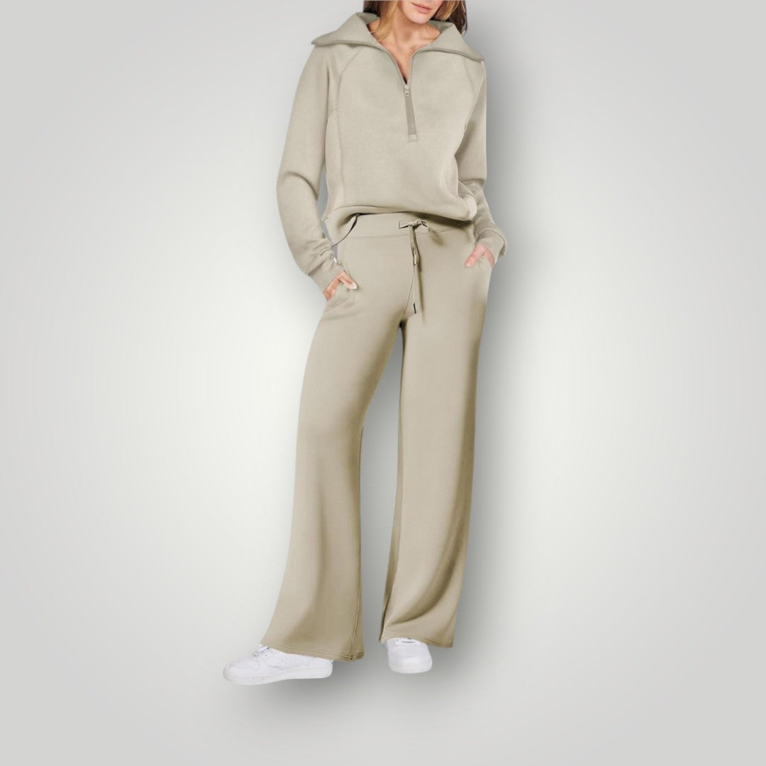 Loungewear Set | Halve rits | Wijde pijpen | Tweedelige set | Trainingspak voor dames-Boetiek Moda