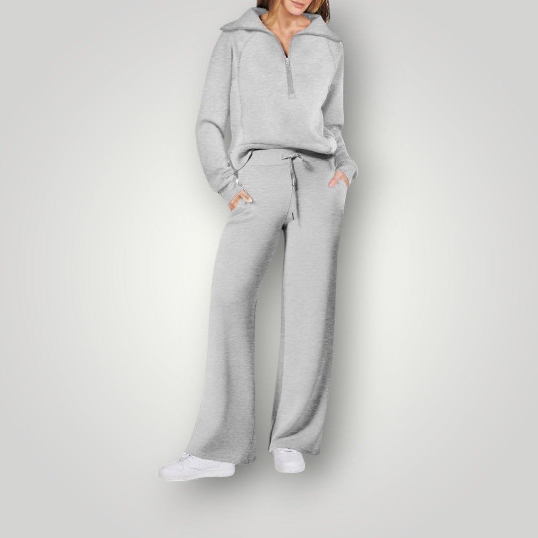 Loungewear Set | Halve rits | Wijde pijpen | Tweedelige set | Trainingspak voor dames-Boetiek Moda