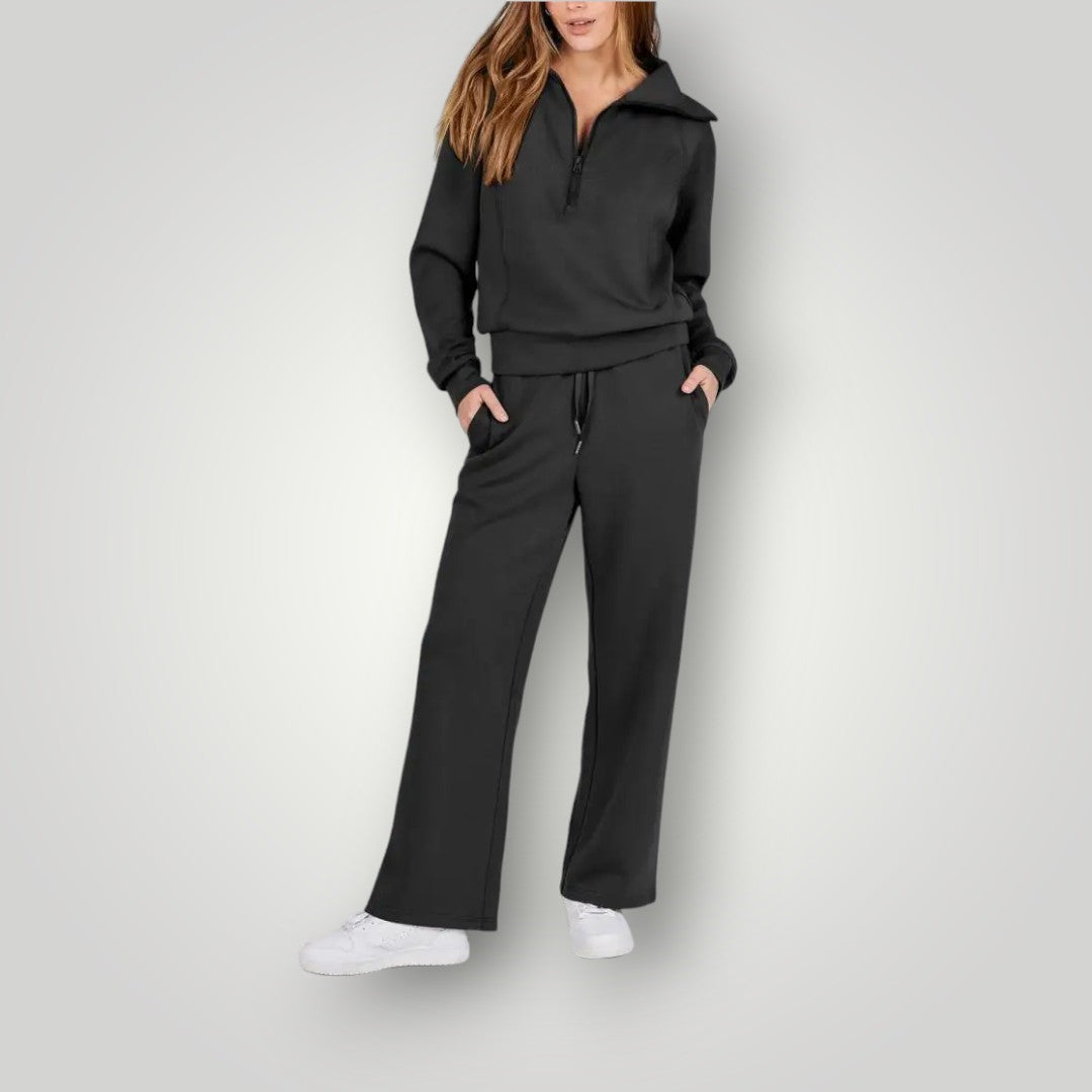 Loungewear-set - Dames trainingspak met wijde pijpen en halve rits-Boetiek Moda