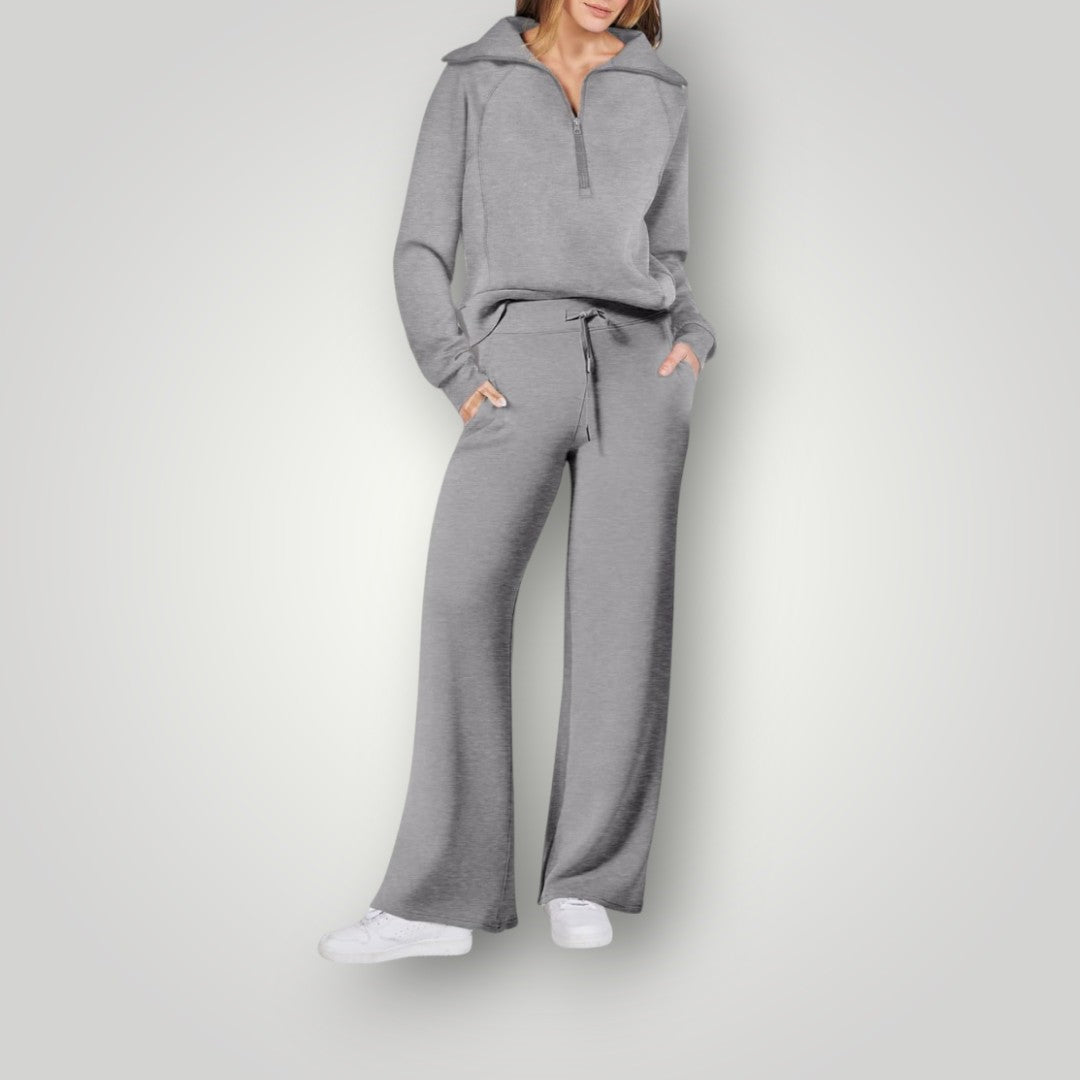 Loungewear-set - Dames trainingspak met wijde pijpen en halve rits-Boetiek Moda