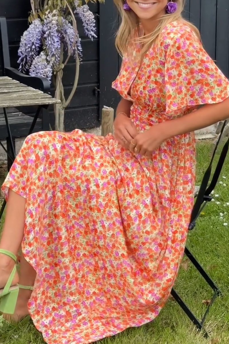 Maxi Zondagjurk - V-Hals - Vlindermouw - Bloemige Maxi Zondagjurk - Zomerjurk-Boetiek Moda