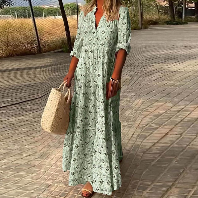 Maxi-jurk - Lange Mouw - V-Hals - Boho Jurk - Zomerjurk-Boetiek Moda