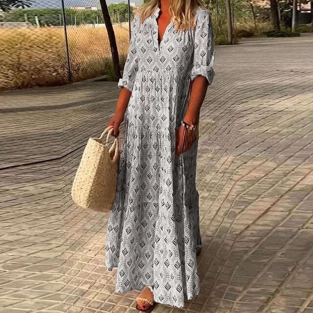 Maxi-jurk - Lange Mouw - V-Hals - Boho Jurk - Zomerjurk-Boetiek Moda