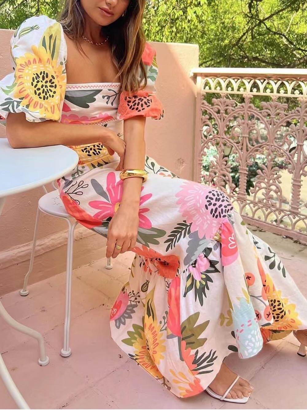 Maxi jurk | Pofmouw | Vierkante hals | Bloemenjurk | Zomerjurk-Boetiek Moda