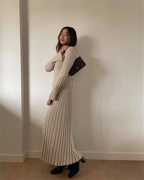 Maxi-trui | Lange mouwen | Plooien | Trui-jurk | Gebreide jurk-Boetiek Moda