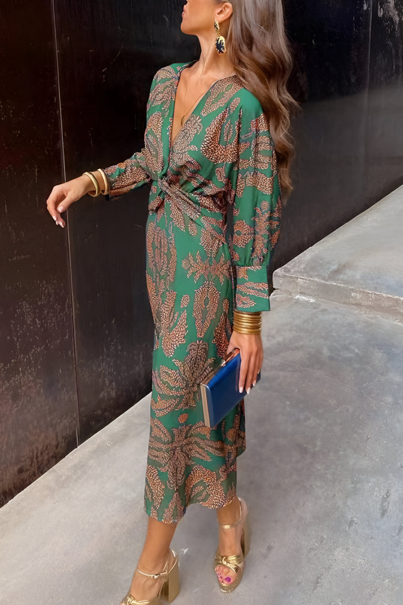 Midi-jurk | Diepe V-hals | Patroon | Jurk met lange mouwen | Zomerjurk-Boetiek Moda