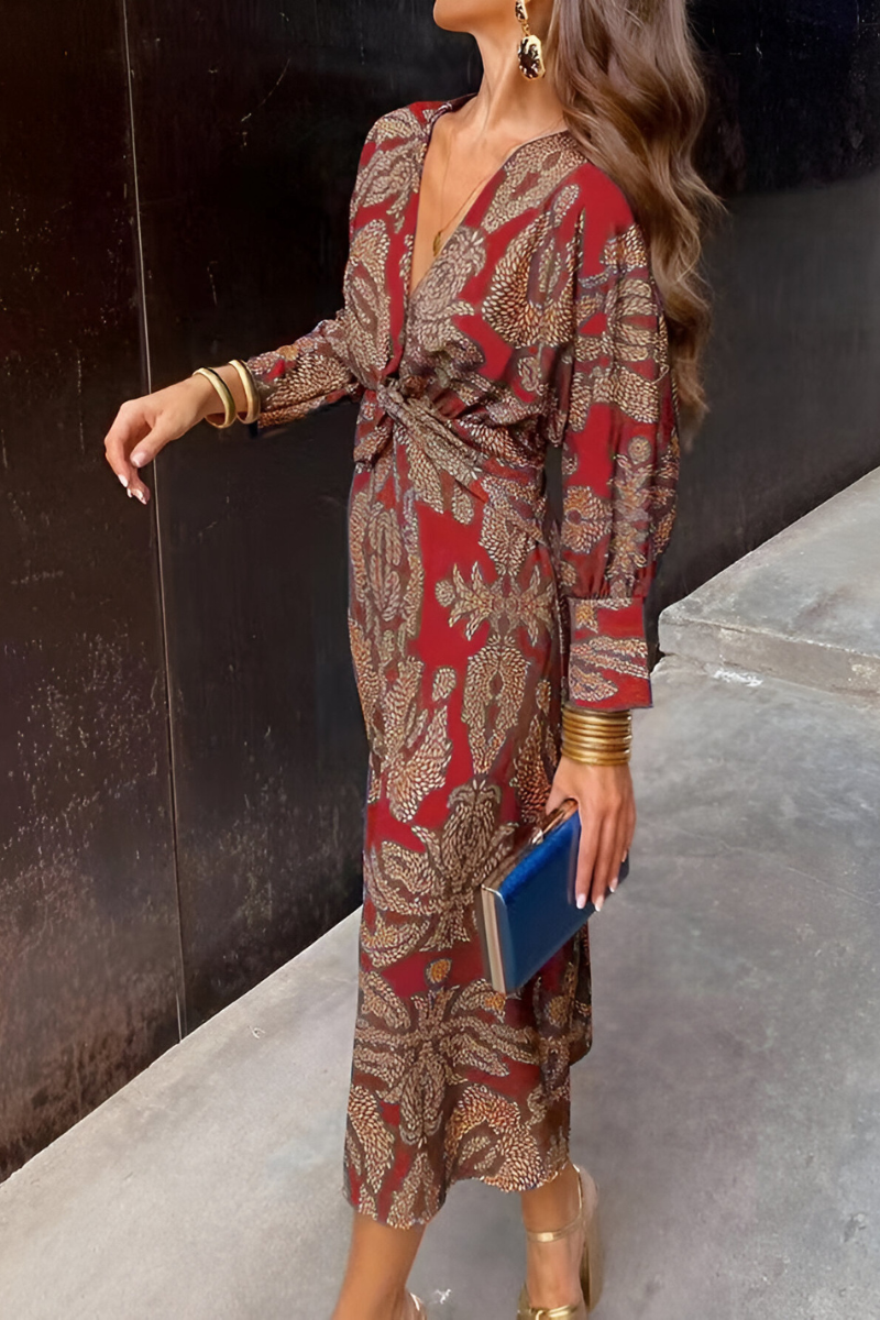 Midi-jurk | Diepe V-hals | Patroon | Jurk met lange mouwen | Zomerjurk-Boetiek Moda