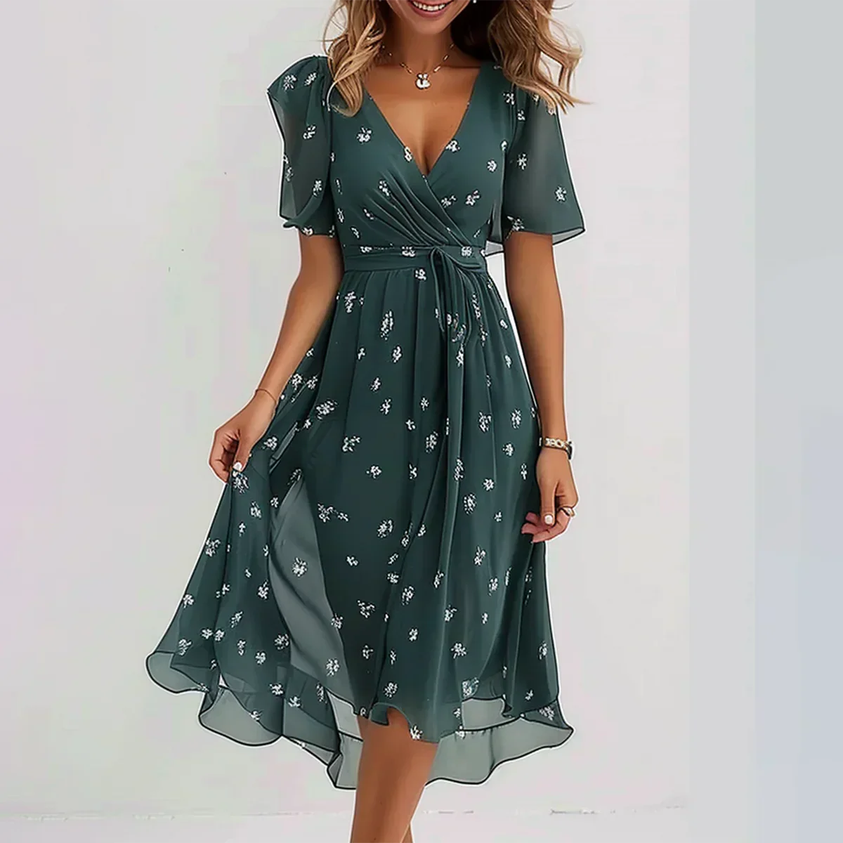 Midi-jurk - Groen - Korte Mouwen - Jurk met V-hals - Elegante Jurk-Boetiek Moda