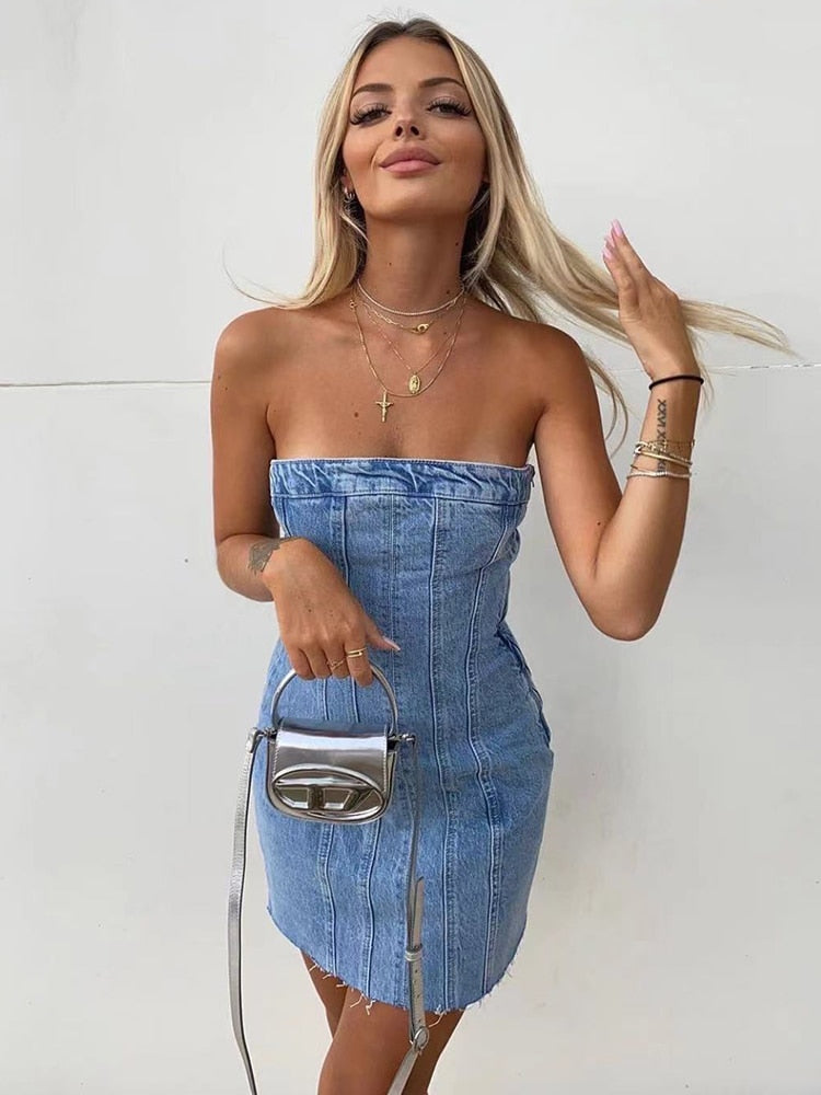 Mini Denim Jurk - Damespijp Bodycon Denim Strapless Jurk-Boetiek Moda
