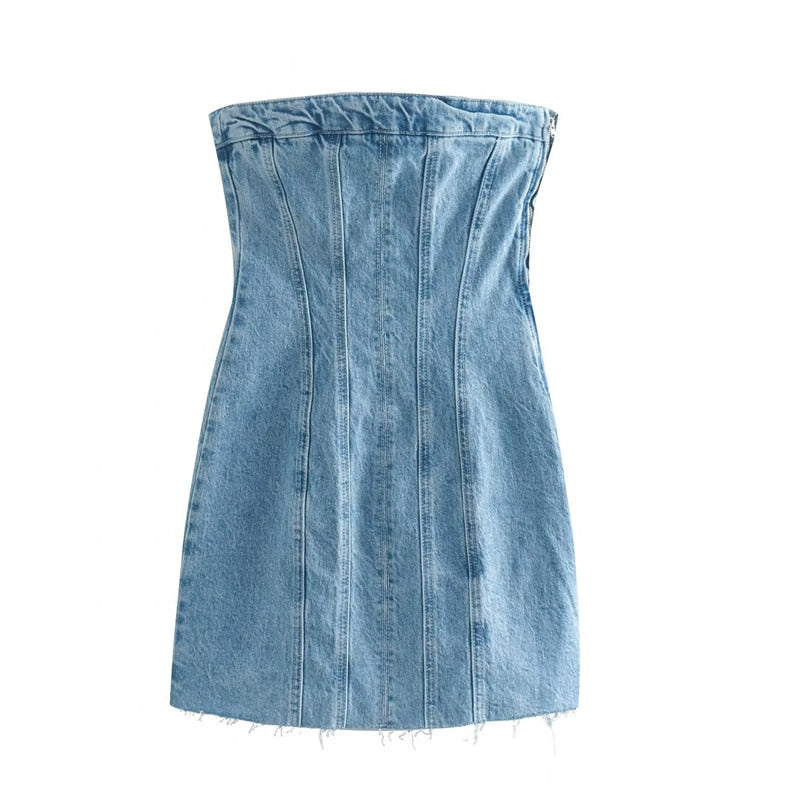 Mini Denim Jurk - Damespijp Bodycon Denim Strapless Jurk-Boetiek Moda