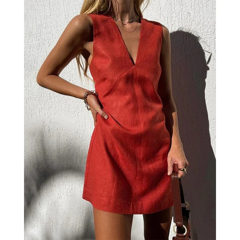 Mini-jurk | Mouwloos | V-hals | Mini Zondjurk | Zomerjurk-Boetiek Moda