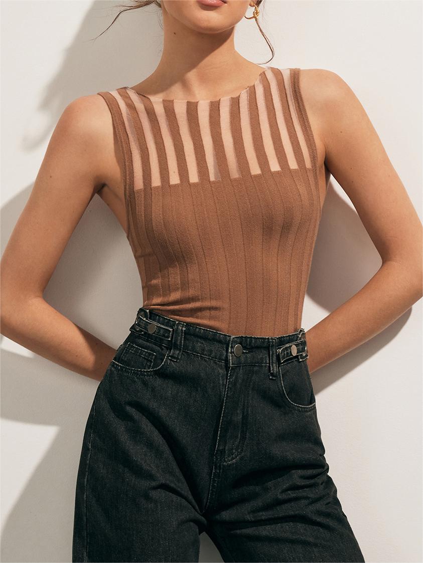 Mouwloze Top - Gestreepte Slim Fit Knit Top voor dames-Boetiek Moda