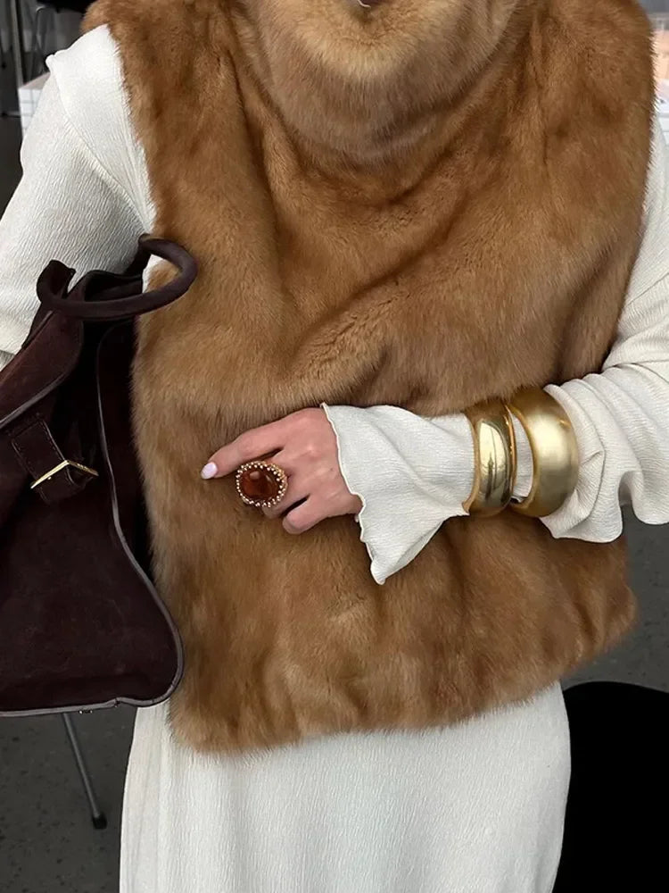 Nepbont gilet - Dames mouwloos coltrui nepbont vest-Boetiek Moda