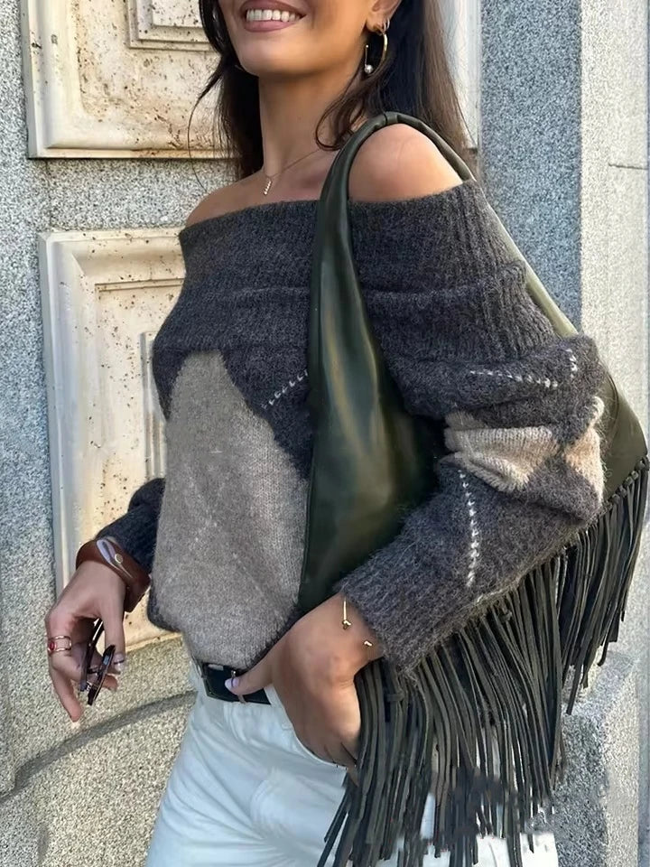 Off-Shoulder Trui - Gebreide trui met Argyle patroon voor dames-Boetiek Moda