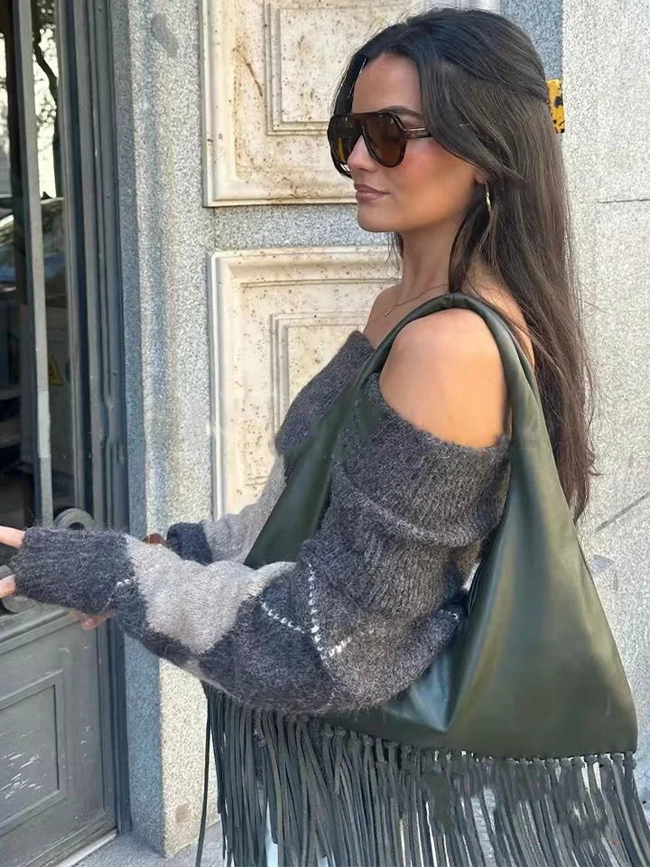 Off-Shoulder Trui - Gebreide trui met Argyle patroon voor dames-Boetiek Moda