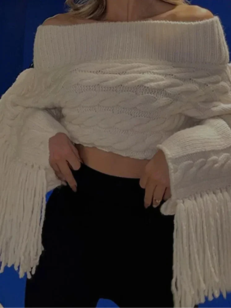 Off-Shoulder Trui | Wit | Kwastje | Kabel Gebreide Trui | Trui voor Vrouwen-Boetiek Moda