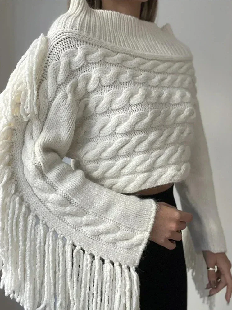 Off-Shoulder Trui | Wit | Kwastje | Kabel Gebreide Trui | Trui voor Vrouwen-Boetiek Moda