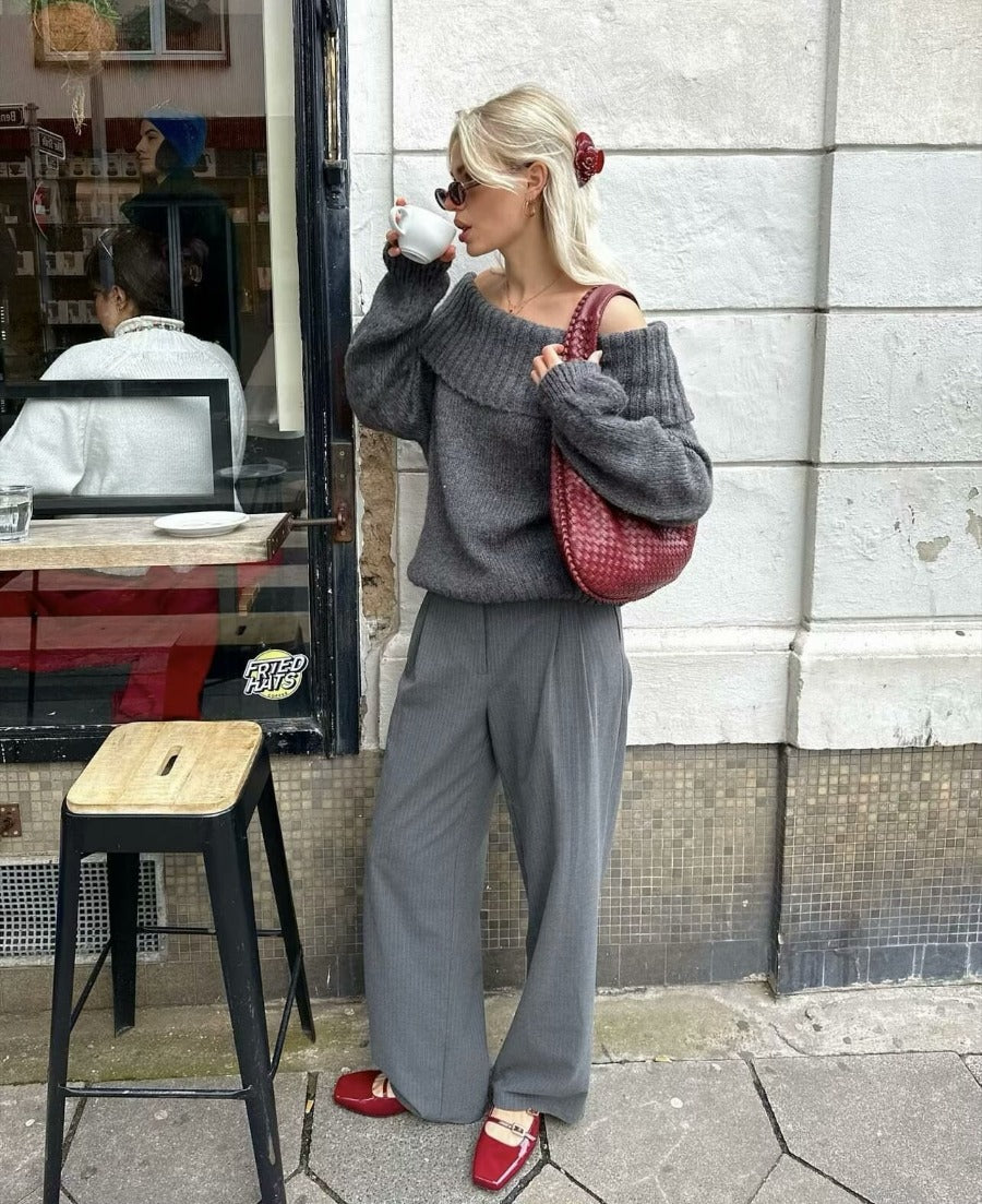 Off-shoulder trui - Grijs - Losse pasvorm - Gebreide trui - Damesbreigoed-Boetiek Moda