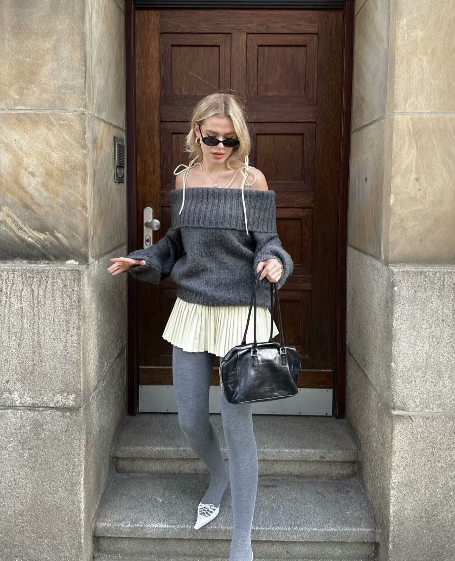Off-shoulder trui - Grijs - Losse pasvorm - Gebreide trui - Damesbreigoed-Boetiek Moda