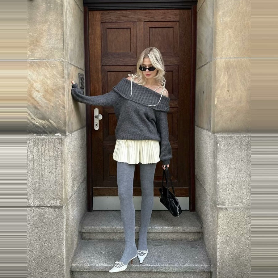 Off-shoulder trui - Grijs - Losse pasvorm - Gebreide trui - Damesbreigoed-Boetiek Moda