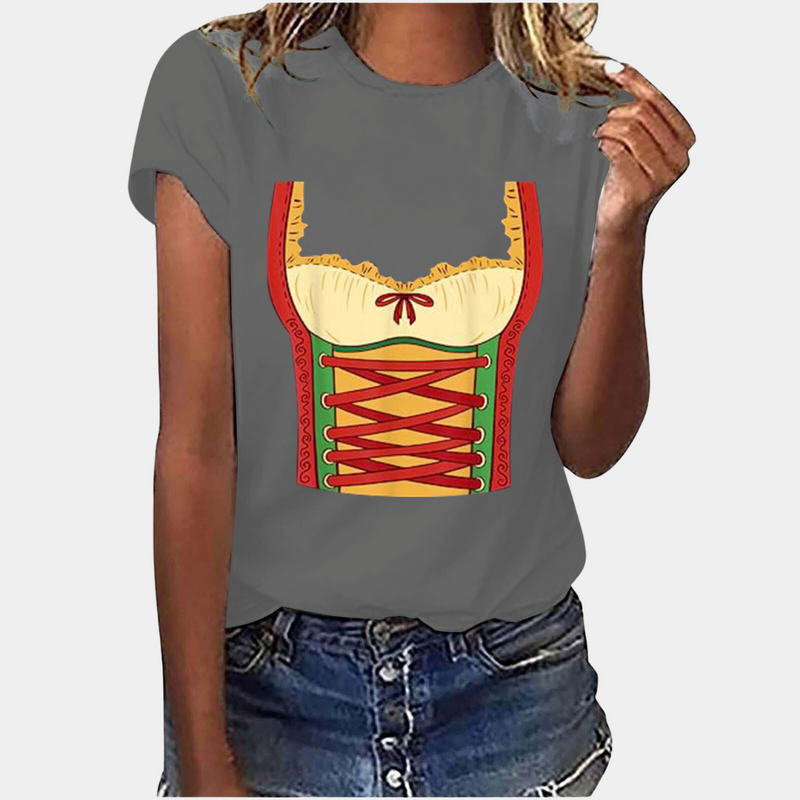 Oktoberfest T-Shirt - Korte Mouw - Dirndl Print - Oktoberfest T-Shirts - Dameskleding-Boetiek Moda