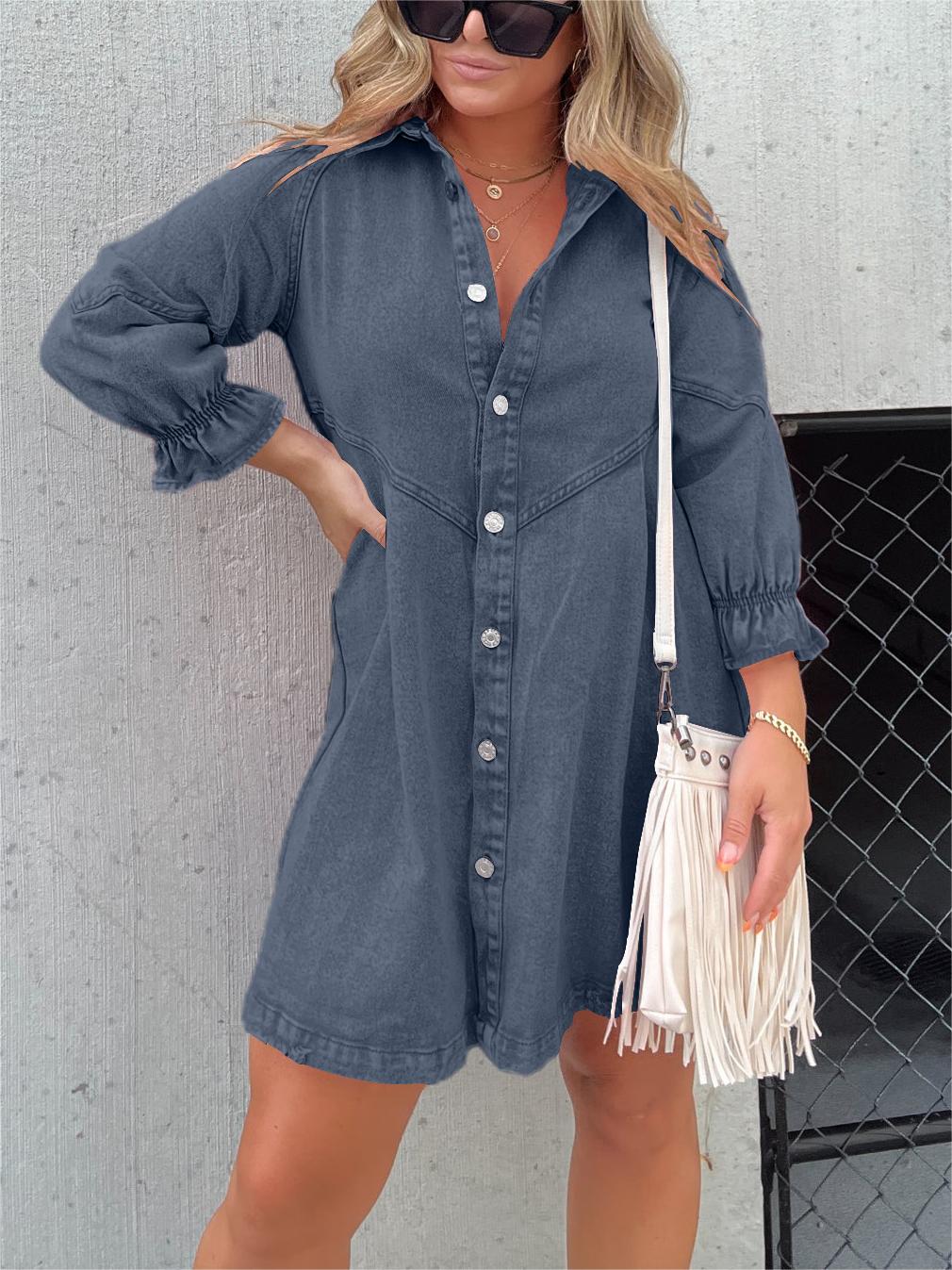 Overhemdjurk | Button-Up | Lange Mouwen | Denim Jurk | Mini Jurk-Boetiek Moda