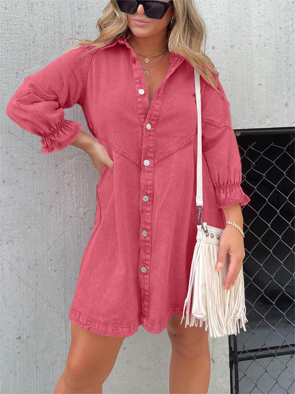 Overhemdjurk | Button-Up | Lange Mouwen | Denim Jurk | Mini Jurk-Boetiek Moda