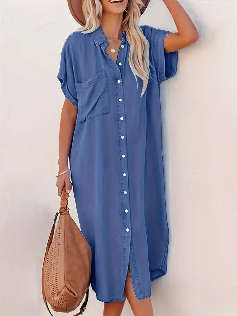 Overhemdjurk - Denim - Los model - Button-Up Jurk - Midi Jurk-Boetiek Moda