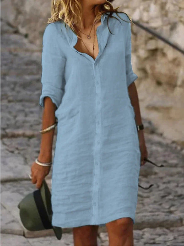 Overhemdjurk - Lange Mouw - Gekraagde - Button-Up Jurk - Linnen Jurk-Boetiek Moda