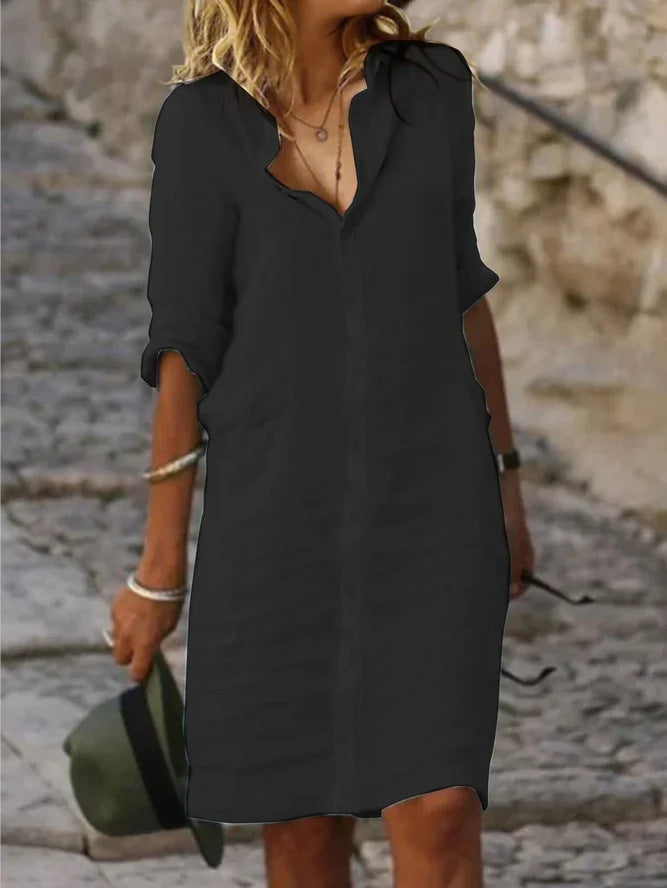 Overhemdjurk - Lange Mouw - Gekraagde - Button-Up Jurk - Linnen Jurk-Boetiek Moda