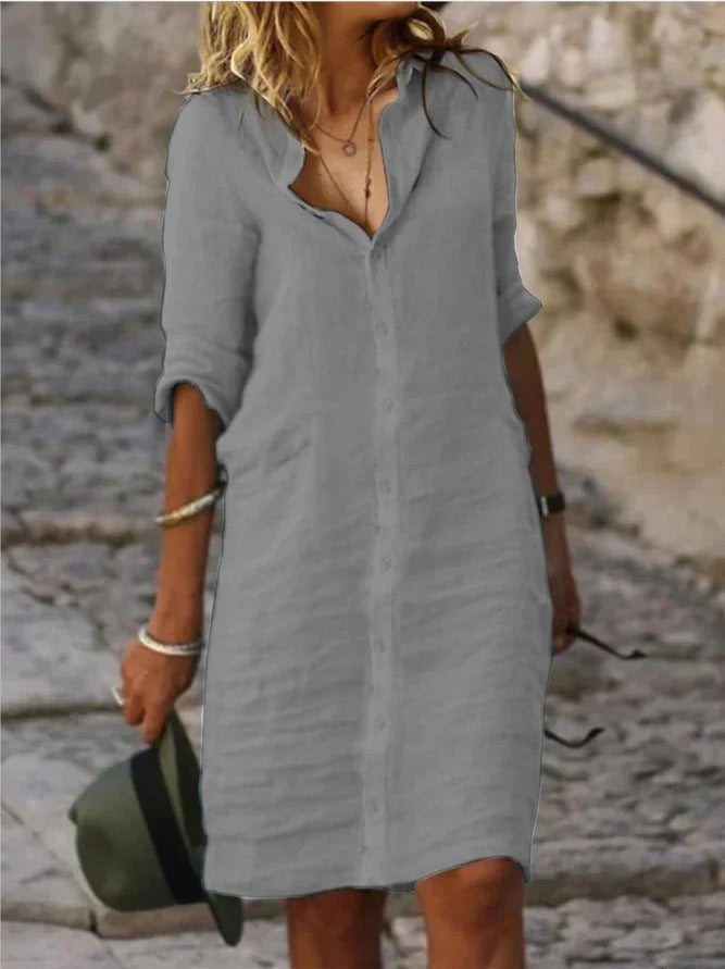 Overhemdjurk - Lange Mouw - Gekraagde - Button-Up Jurk - Linnen Jurk-Boetiek Moda