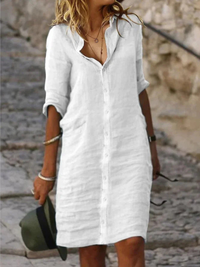 Overhemdjurk - Lange Mouw - Gekraagde - Button-Up Jurk - Linnen Jurk-Boetiek Moda