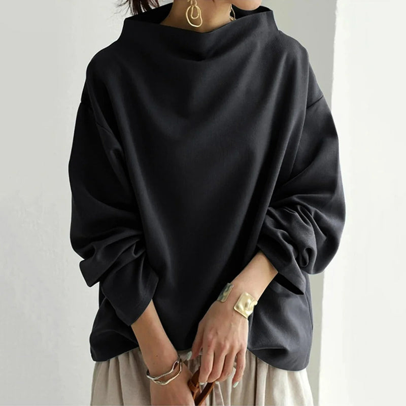 Oversized Blouse | Zwart | Lange Mouw | Blouse Met Hoge Hals | Dameskleding-Boetiek Moda