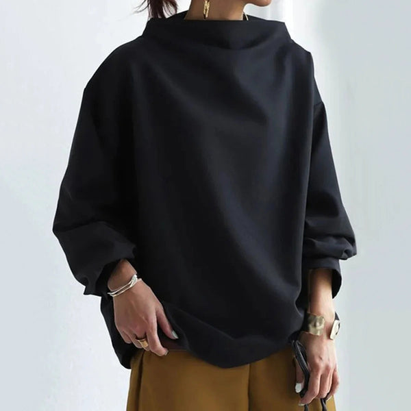 Oversized Blouse | Zwart | Lange Mouw | Blouse Met Hoge Hals | Dameskleding-Boetiek Moda