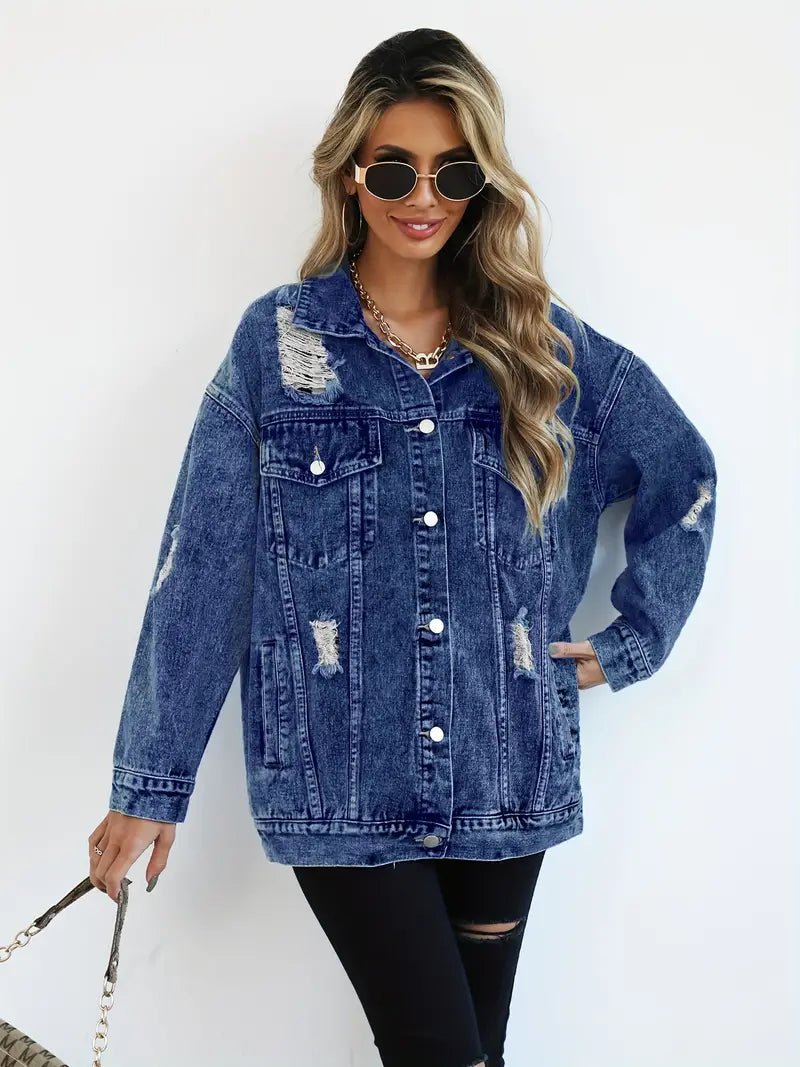 Oversized Denim Jas - Gescheurd - Los model - Denim Jas - Damesjas-Boetiek Moda