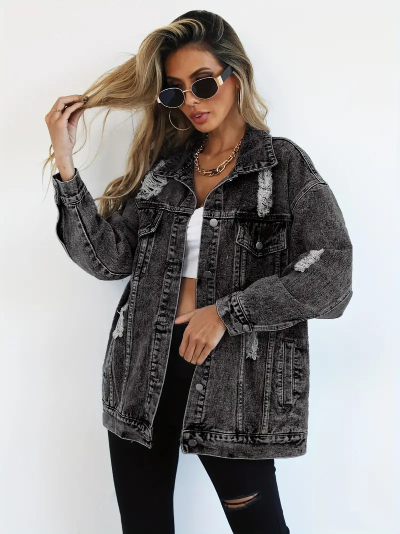 Oversized Denim Jas - Gescheurd - Los model - Denim Jas - Damesjas-Boetiek Moda