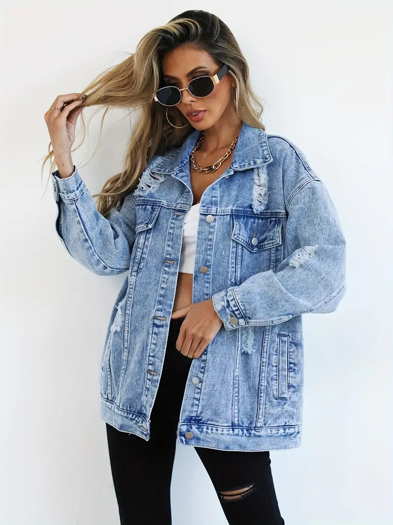 Oversized Denim Jas - Gescheurd - Los model - Denim Jas - Damesjas-Boetiek Moda